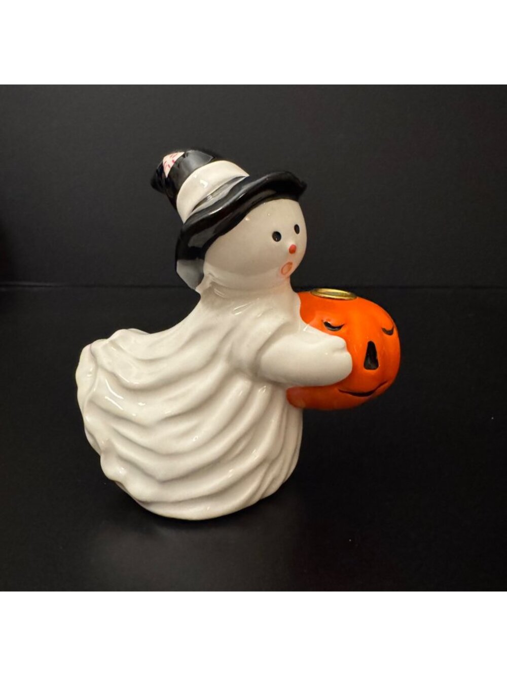 Ceramic Halloween Ghost Holding Pumpkin Candle Holder VTG Figurine By Midwest